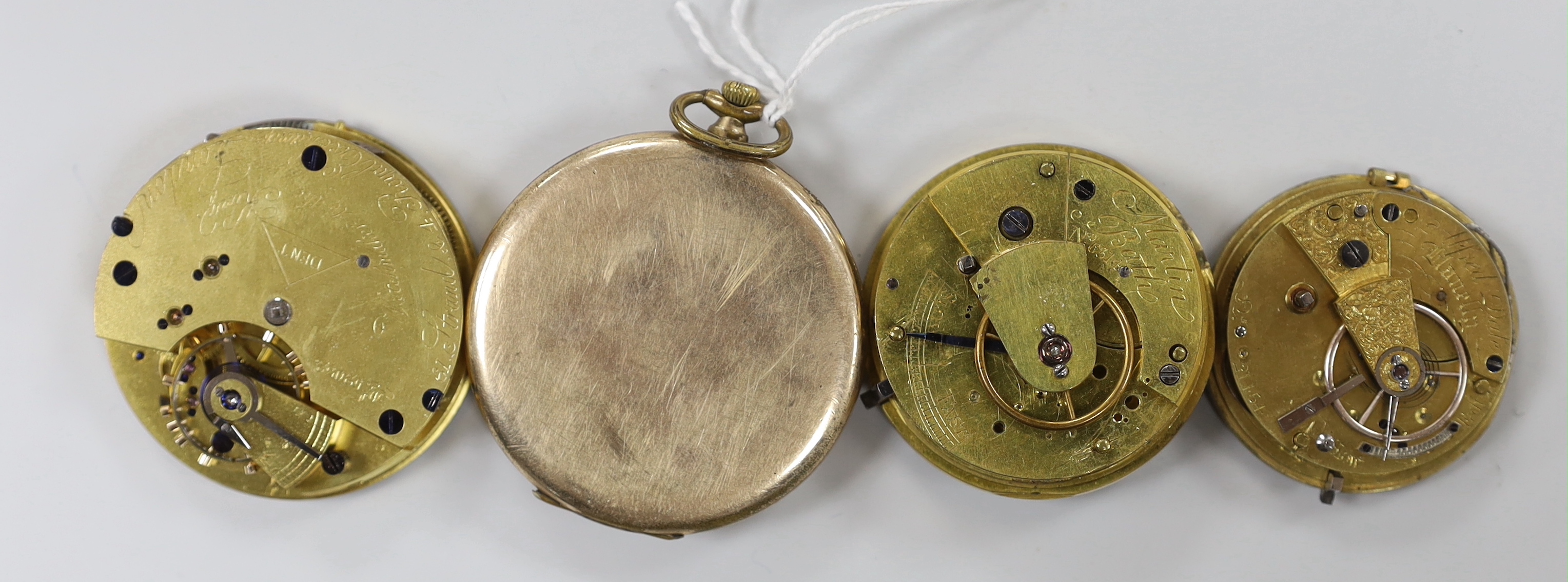 A gold plated Tempo open faced pocket watch and three pocket watch movements.